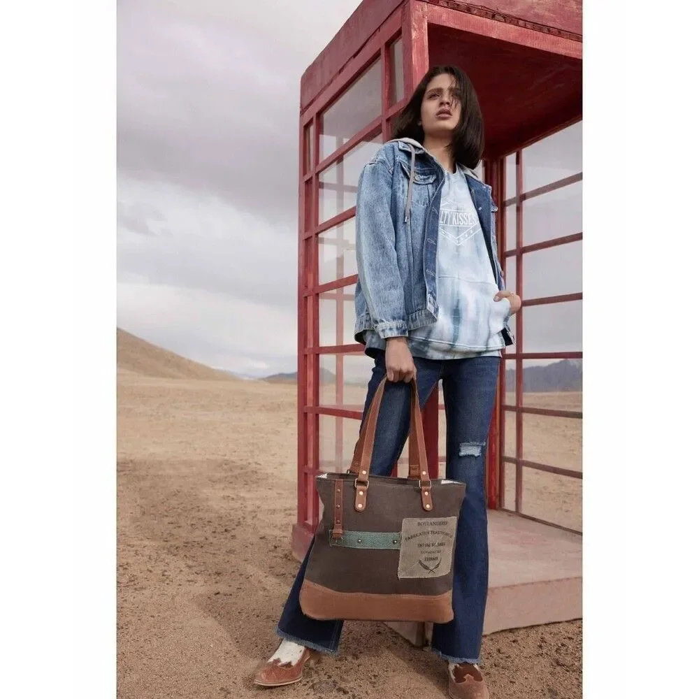 Myra Bag Handmade When Tote Bag Bag Upcycled Canvas & Cowhide Leather